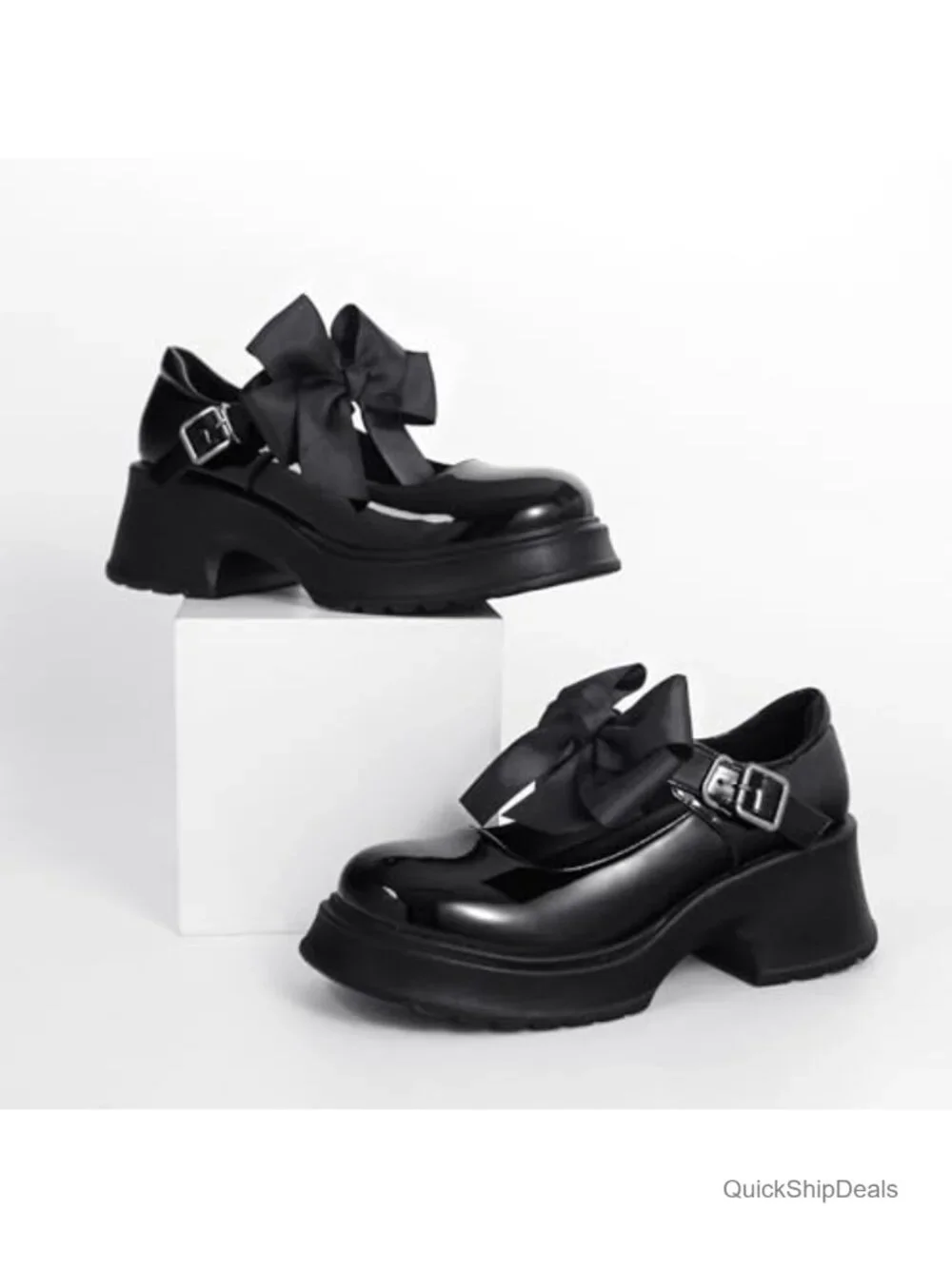 Mary Jane Platform Chunky Heels Detachable Bow Ankle Strap PU